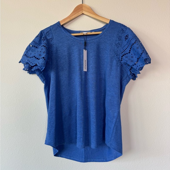 Chico's Linen Blue Embroidered Sleeve Blouse Size Large NWT - Picture 8 of 8